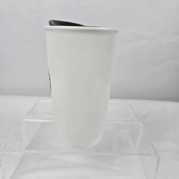 Starbucks 2014 Travel Mug Ceramic Lid White Strands Green Gold Circle Patch 12oz - Picture 5 of 9